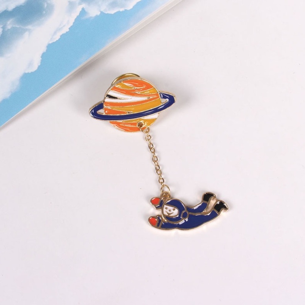 Planet and Astronaut Brooch Pin Gold Silver Enamel